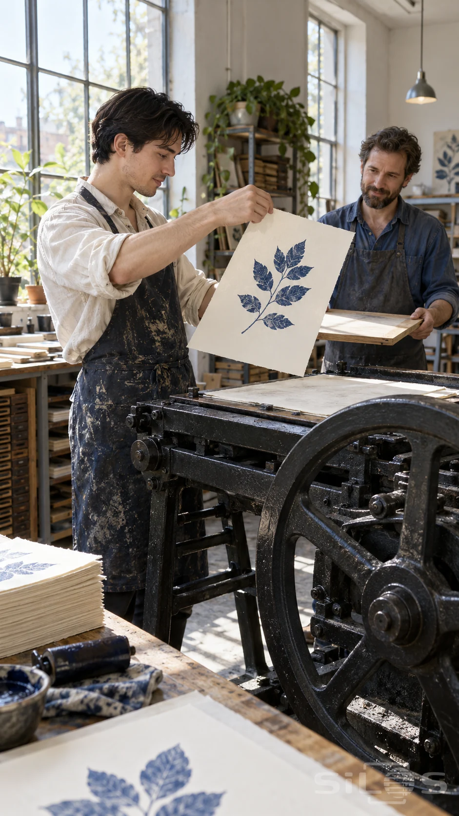 Two adult printers inspect a fresh print beside a heavy printing press; one lifts a blue botanical sheet while the other holds a drying board.