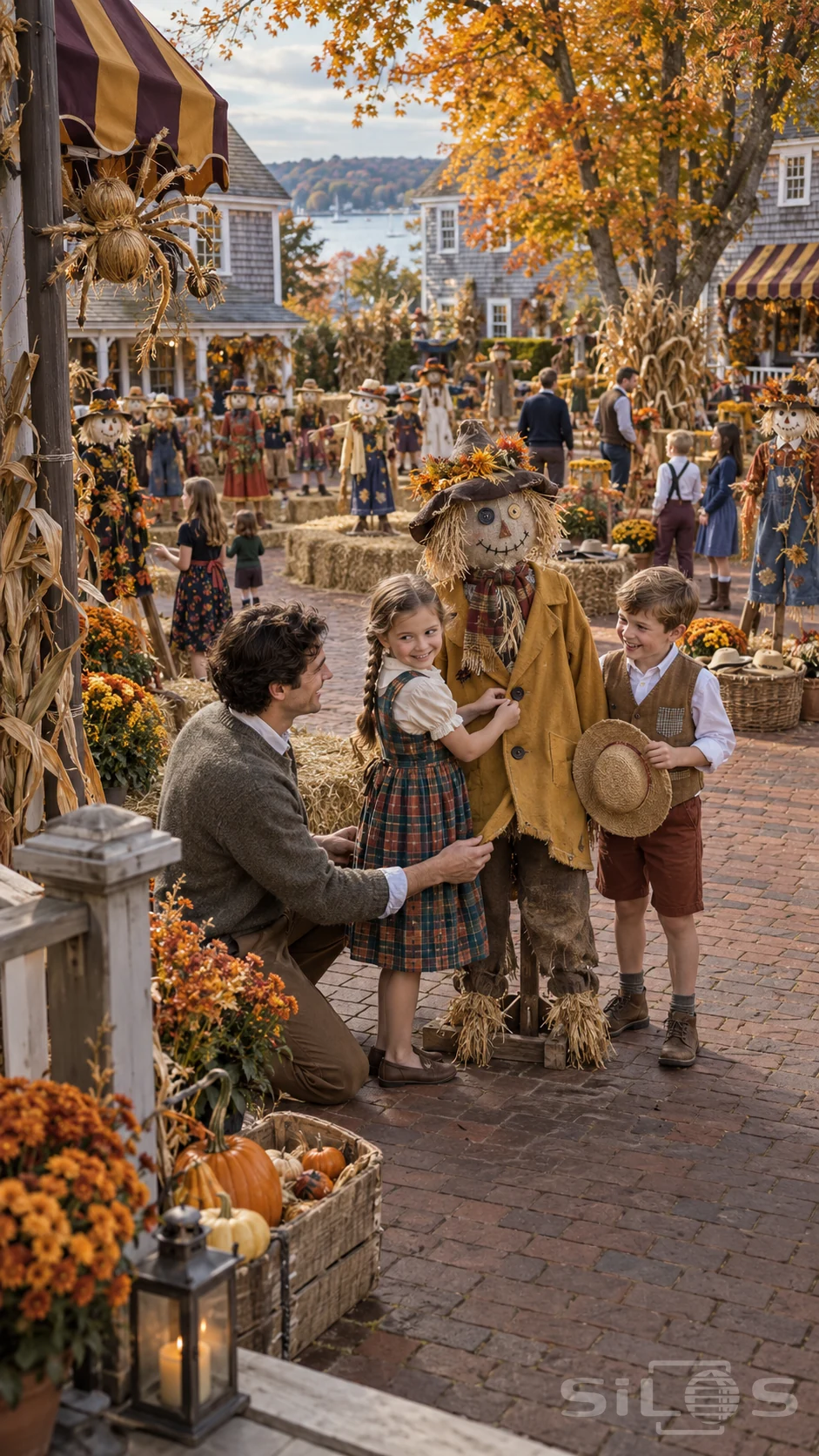 A girl buttons a scarecrow coat as her father holds the uneven hem and her brother waits with a straw hat in an autumn courtyard.