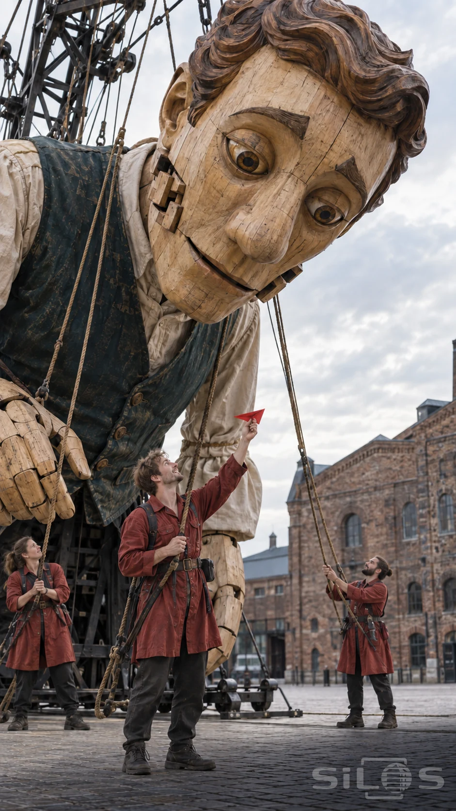 Giant wooden puppet with an articulated face leaning toward a red paper airplane held by an adult street theatre operator.