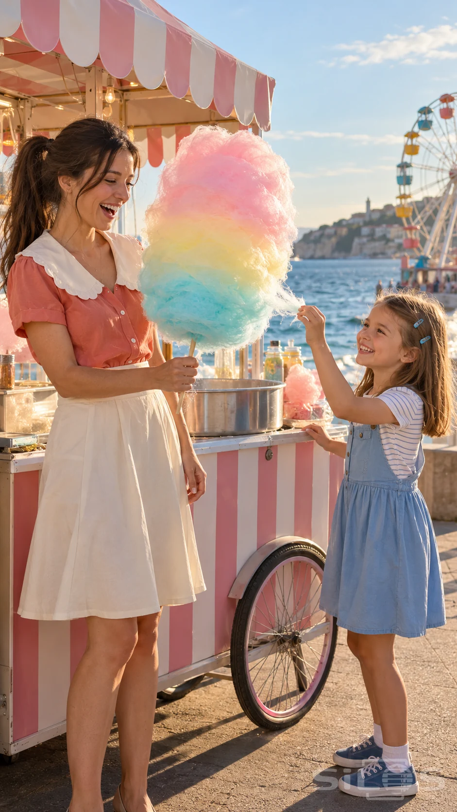 A mother and daughter share a huge pastel cotton candy cloud beside a striped cart at a seaside fair.
