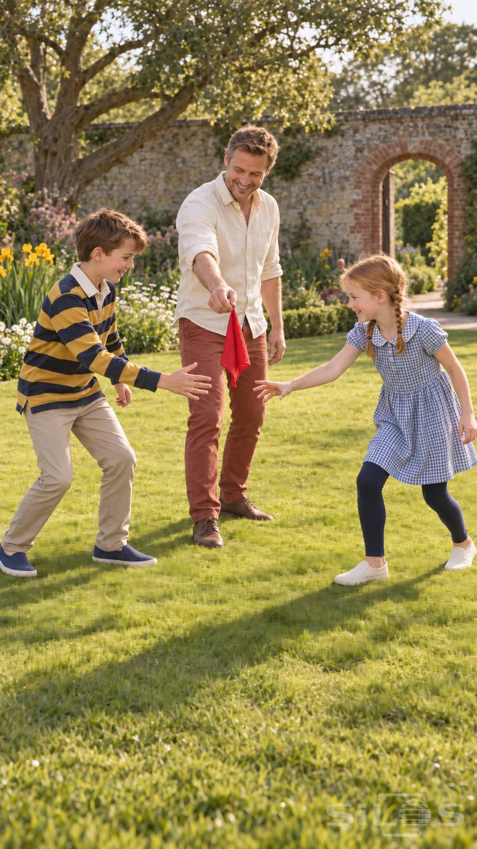 A father holds a red cloth between a boy and girl during a handkerchief game on a lawn inside a sunny walled garden.