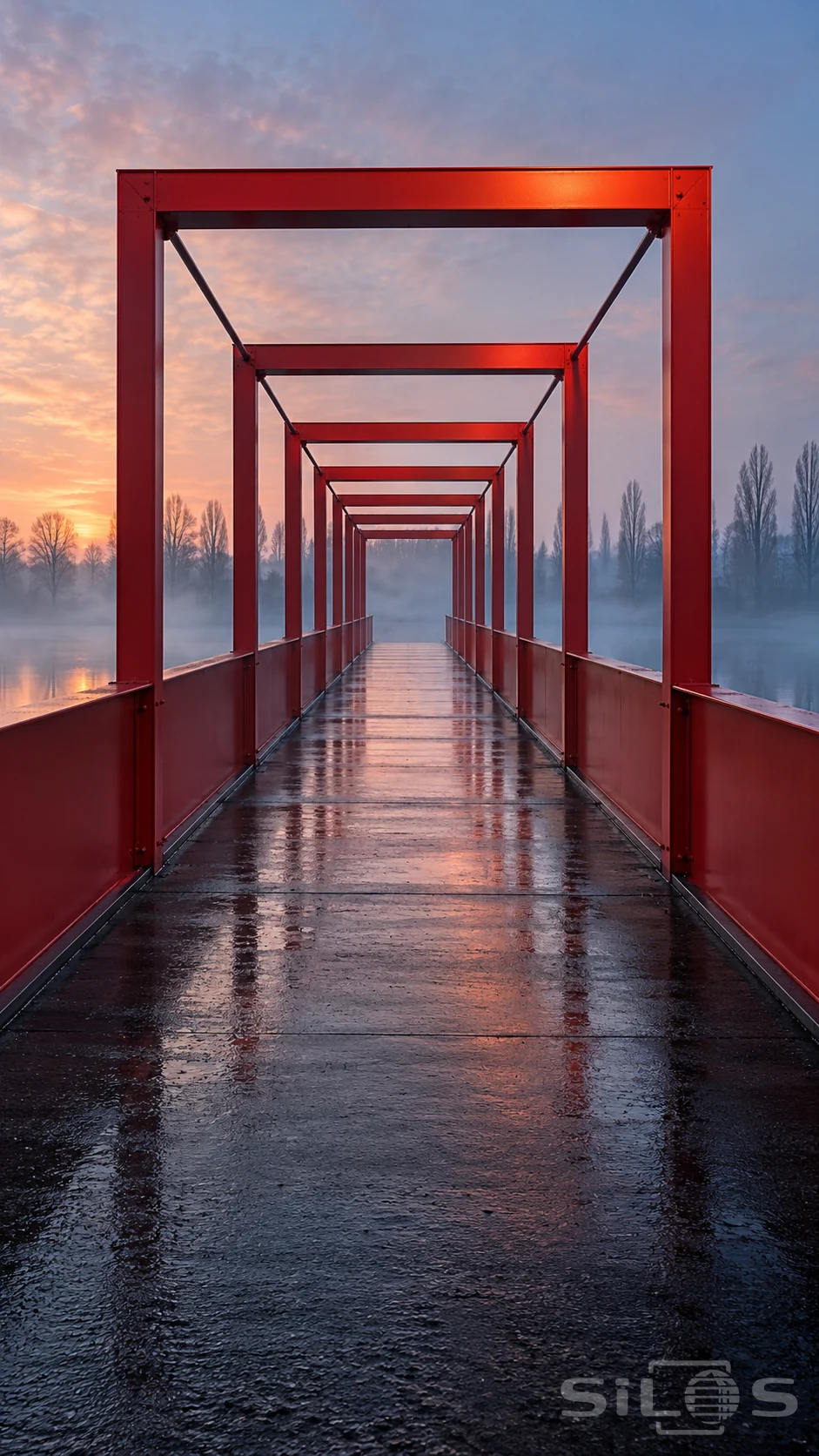 Red bridge portals recede along a dark wet deck above a misty canal in soft dawn light.