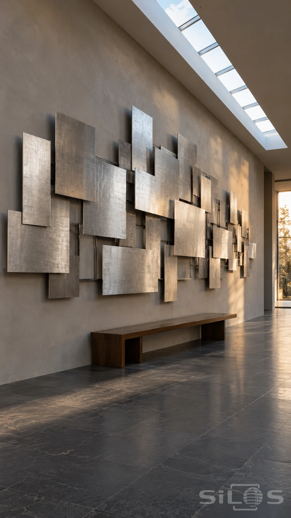 Large wall sculpture of overlapping silver steel rectangles above a walnut bench in a quiet hall with a long skylight