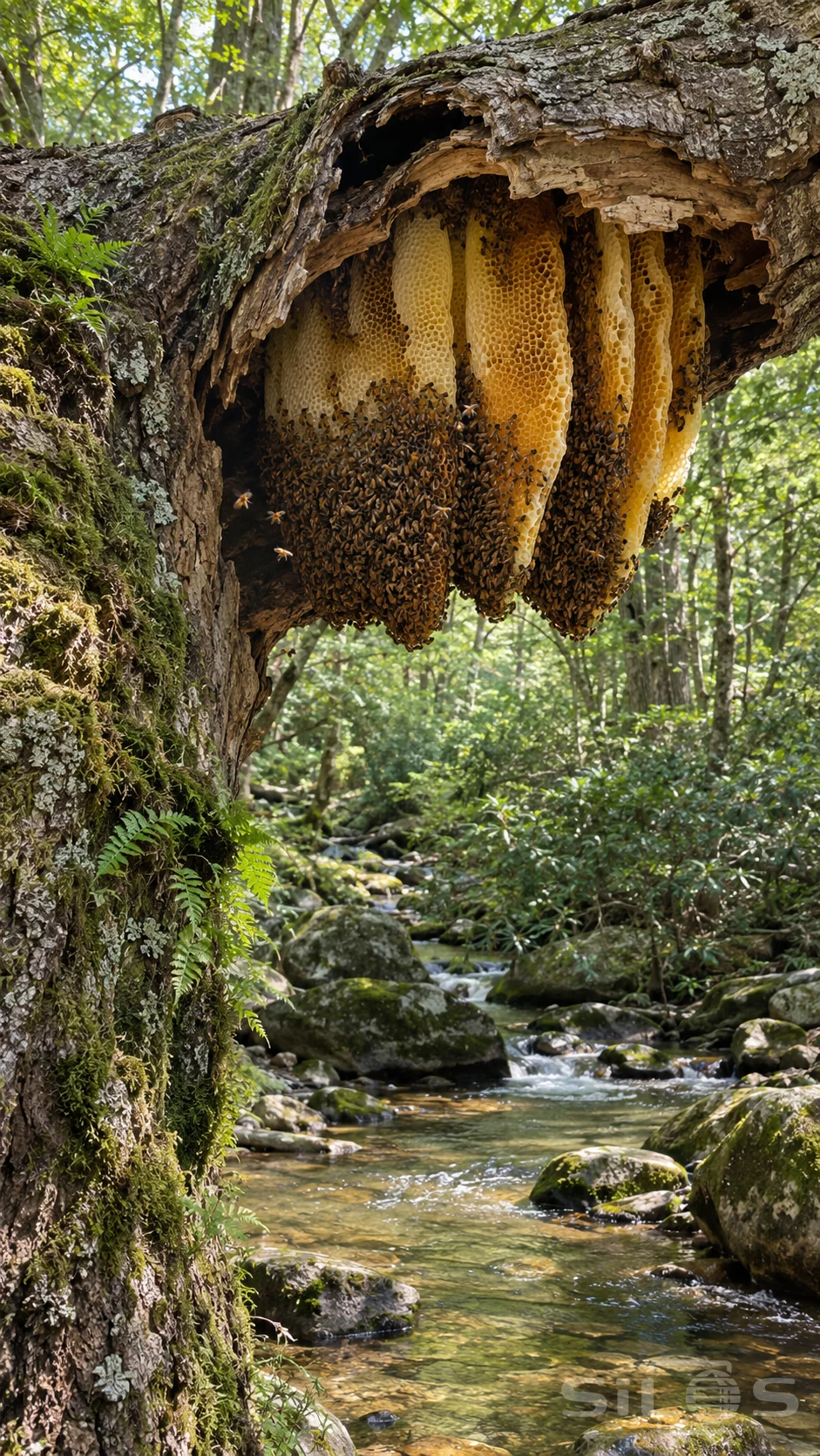 A wild bee colony covers hanging pale-gold combs beneath a broken tree bough, with ferns and a woodland stream behind.