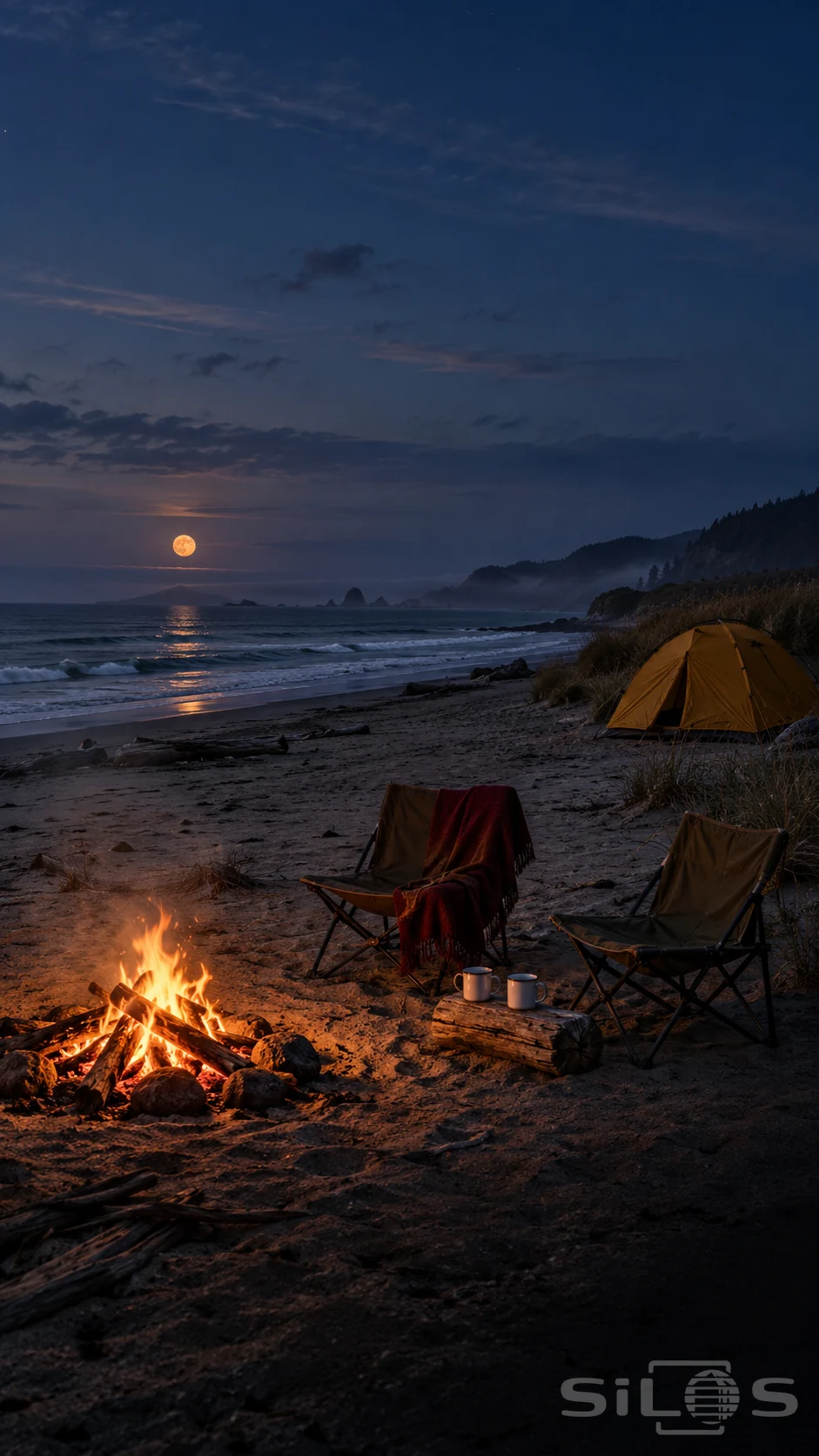 A bonfire on the empty beach glows beside two camp chairs, a yellow tent and a dark sea beneath the moon.