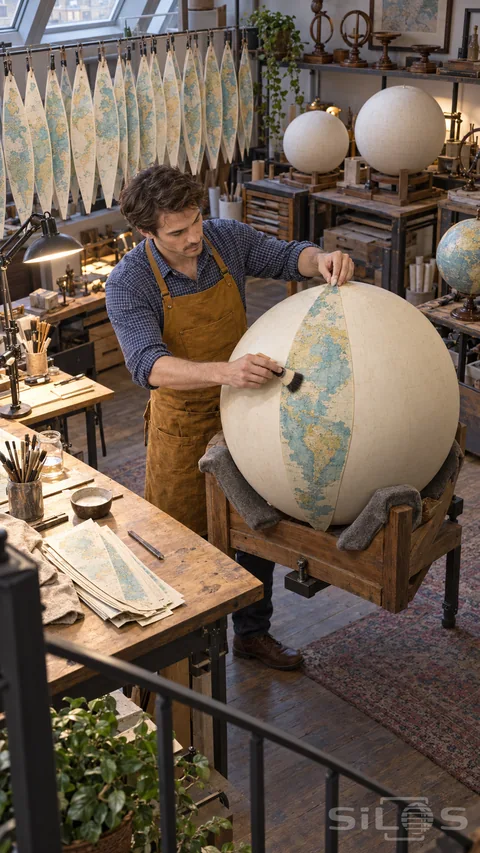A globe maker applies a tapered map segment to a cream paper globe held in a wooden cradle in a bright workshop.