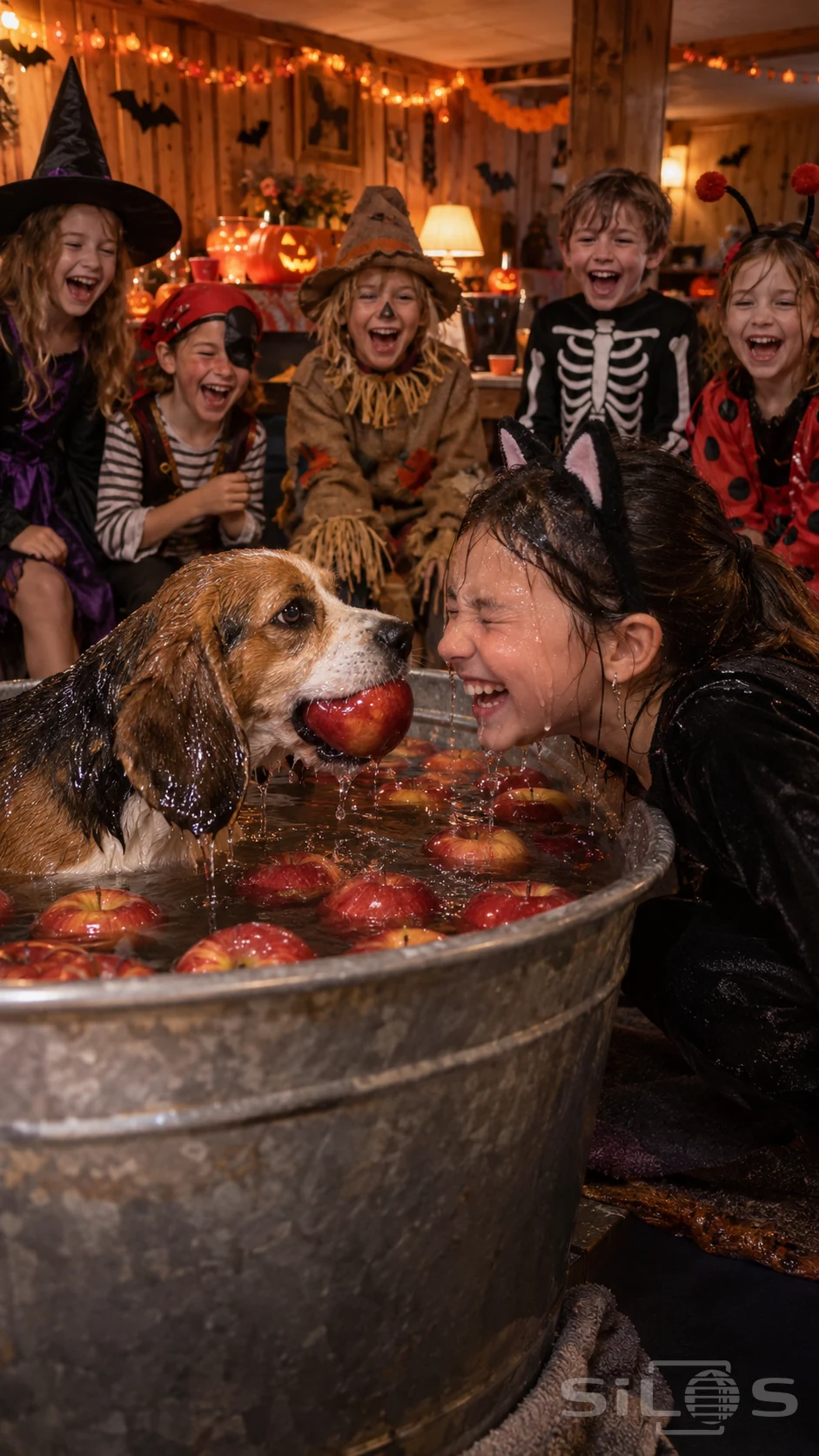 A wet beagle holds a red apple beside a laughing girl in a cat costume while five costumed children watch behind the tub.