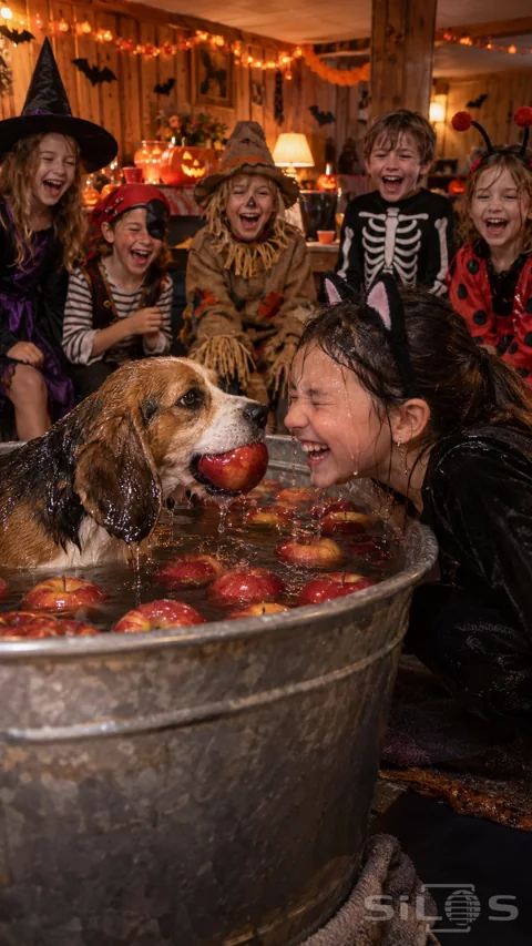 A wet beagle holds a red apple beside a laughing girl in a cat costume while five costumed children watch behind the tub.