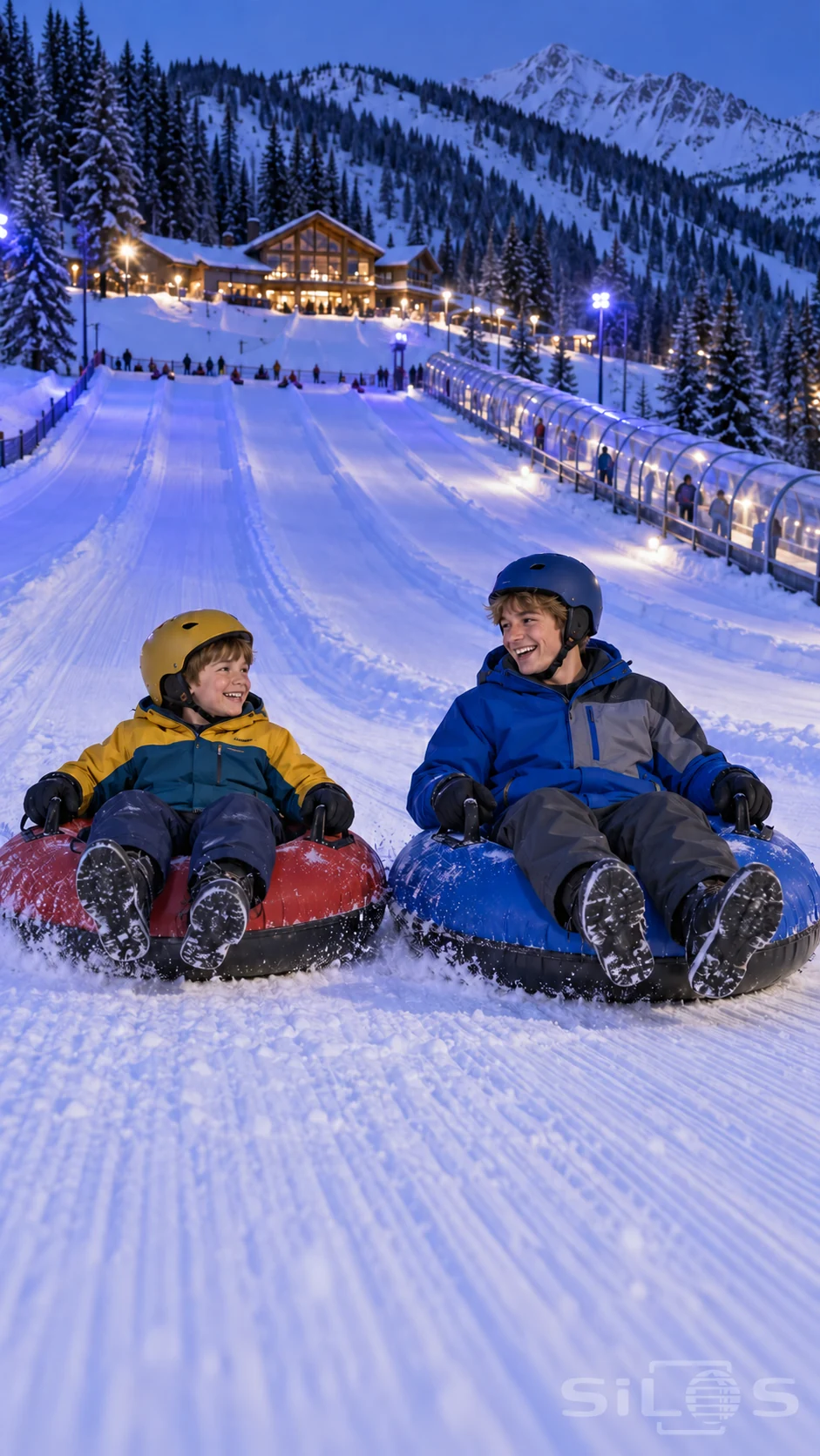 Two brothers ride red and blue snow tubes below a mountain lodge in the blue evening.