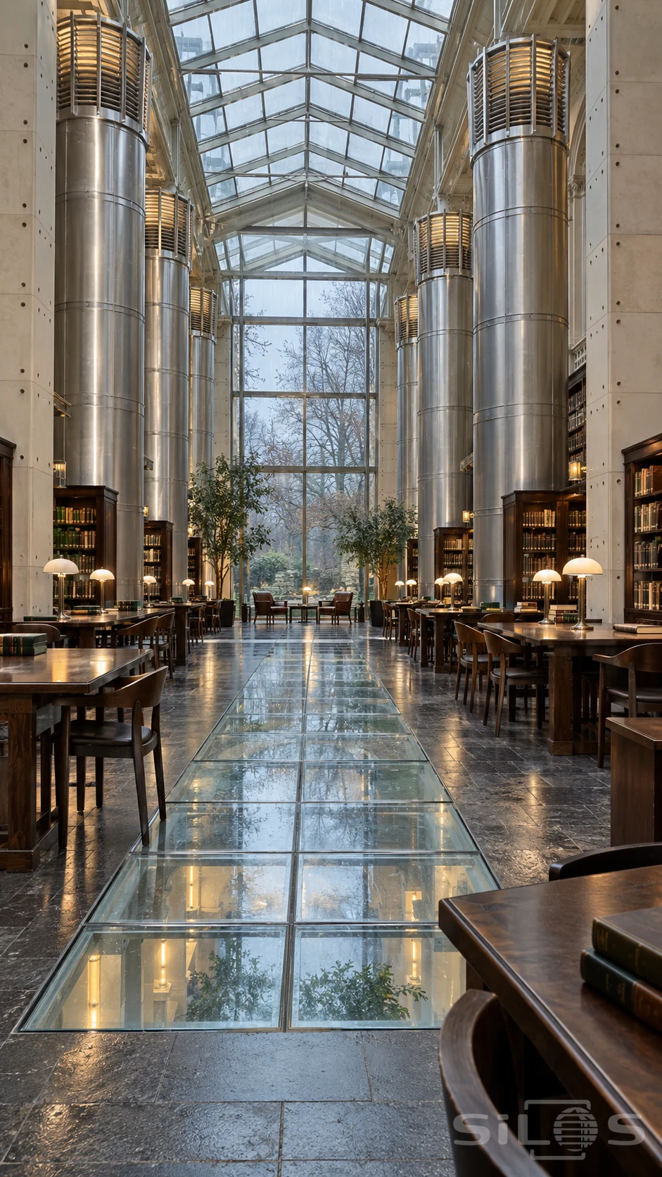 Tall cylindrical silver ventilation towers beside dark reading tables and a central glass floor beneath a glazed roof
