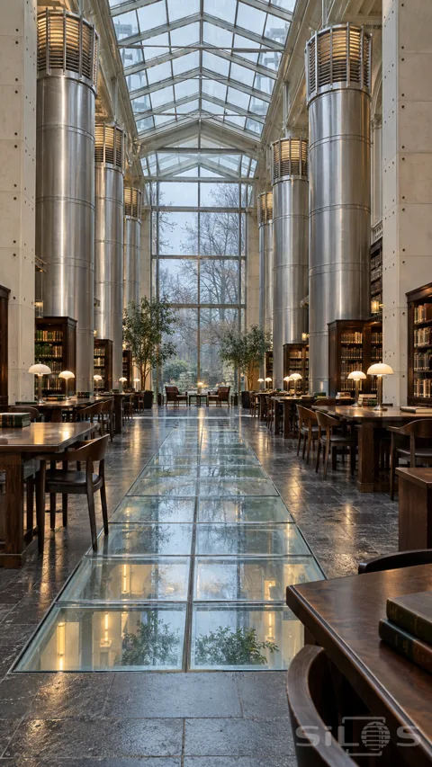 Tall cylindrical silver ventilation towers beside dark reading tables and a central glass floor beneath a glazed roof