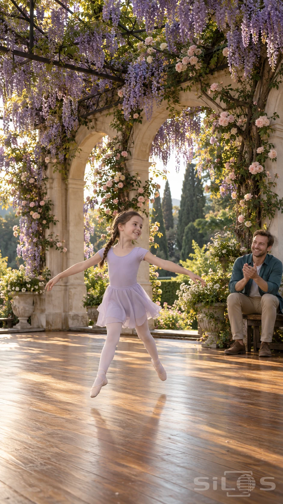 A girl makes a small ballet leap across a wooden flower pavilion while her father claps beneath trailing wisteria and climbing roses.