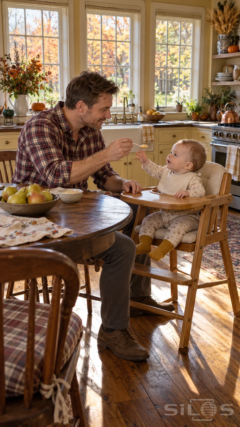 A father offers an infant spoon breakfast as his daughter reaches from a wooden highchair in a sunny autumn kitchen.