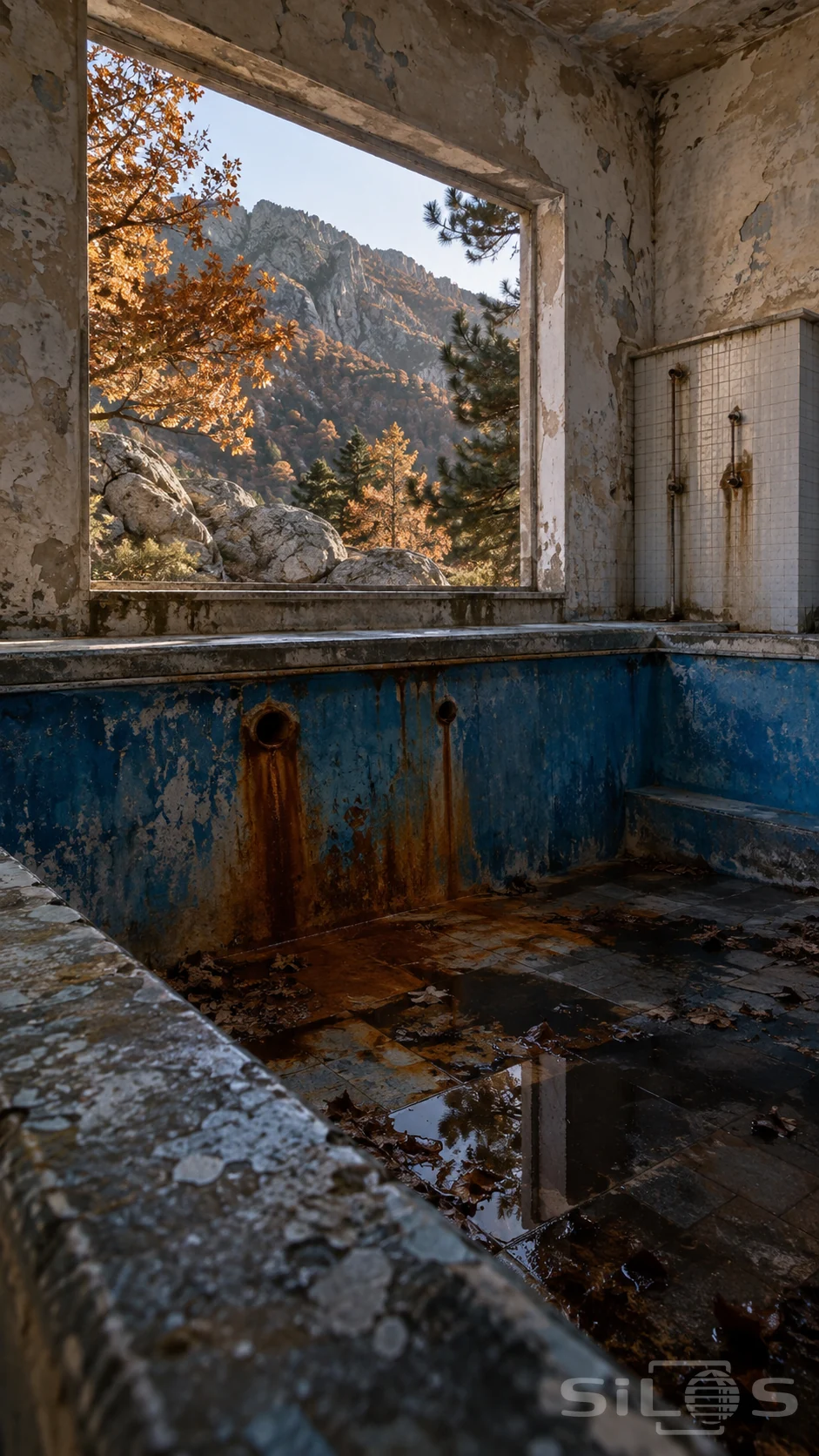 Drained blue pool inside an abandoned bathhouse, with rusty pipe stains, shallow floor puddles and an open window facing an autumn mountain.