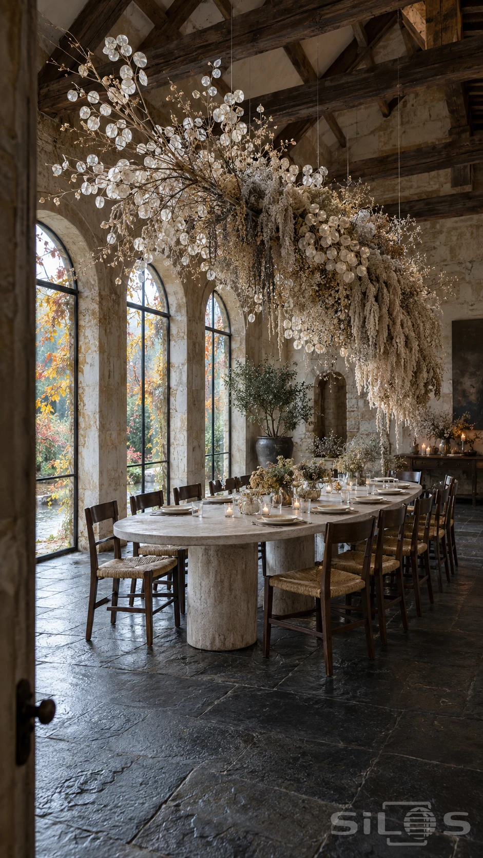 A huge dried botanical cloud with translucent round seedpods hangs over a stone dining table beneath old timber beams.