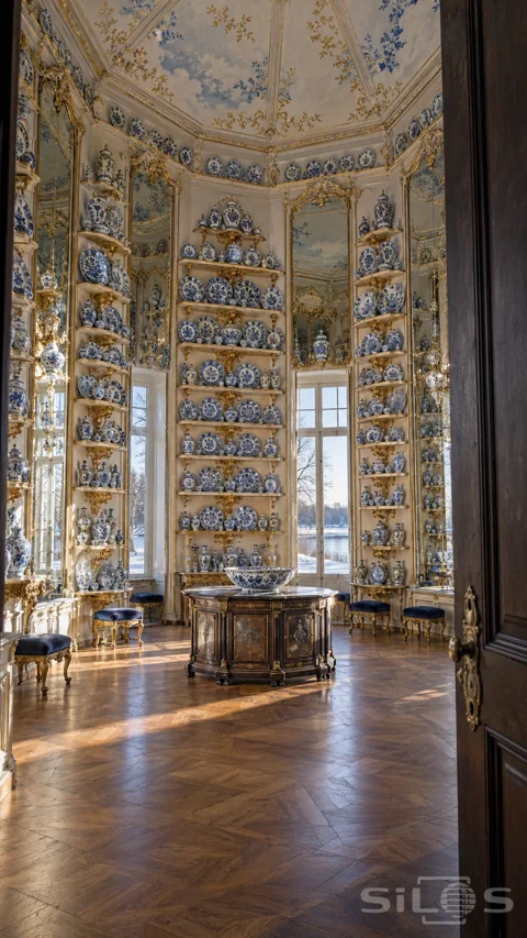 Tall cream gallery filled with blue-and-white porcelain on gilded shelves; high mirrors; parquet and a central octagonal display table.