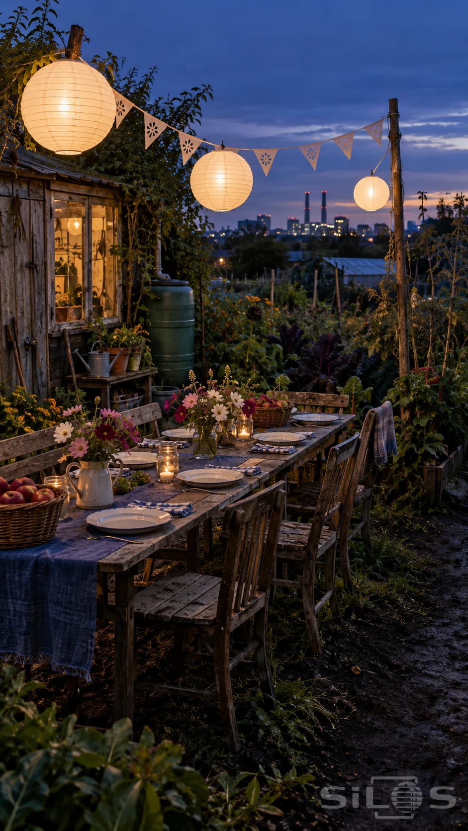 Paper lanterns and white bunting hang over a wooden supper table with enamel plates and flowers beside an allotment shed at dusk.