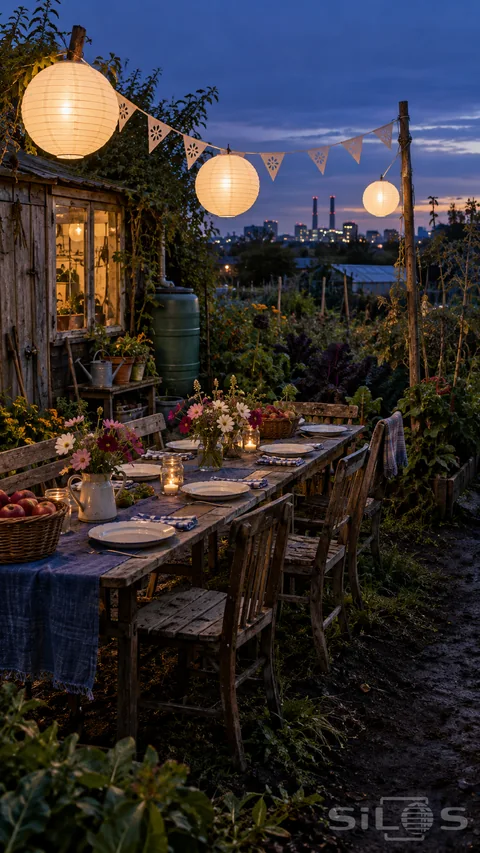 Paper lanterns and white bunting hang over a wooden supper table with enamel plates and flowers beside an allotment shed at dusk.