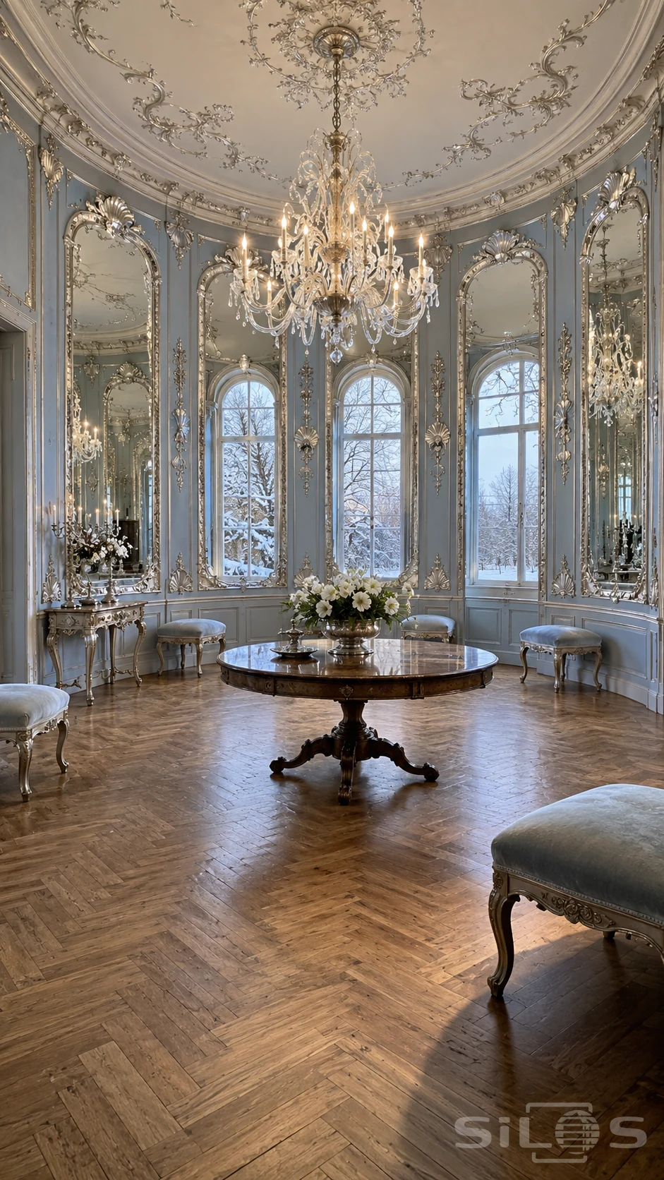 Pale blue circular salon with silver-framed mirrors, crystal chandelier, walnut table, light stools and snowy trees outside tall windows.