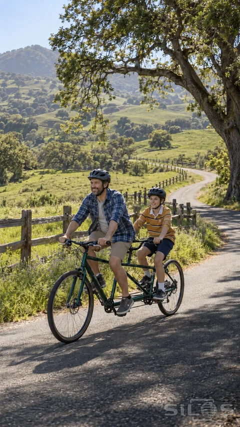 A father and son wearing helmets ride a green tandem along a quiet road between wooden fences and rolling green hills.