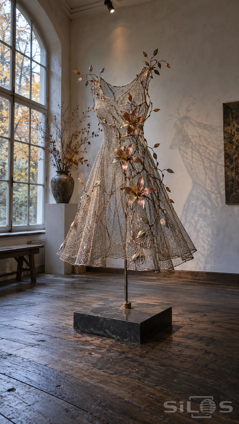 A translucent metal dress sculpture with three copper flowers stands on a dark plinth beside a tall gallery window.