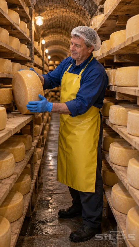 A cheesemaker turns one of the golden cheese wheels on a timber shelf inside a brick vaulted cellar.