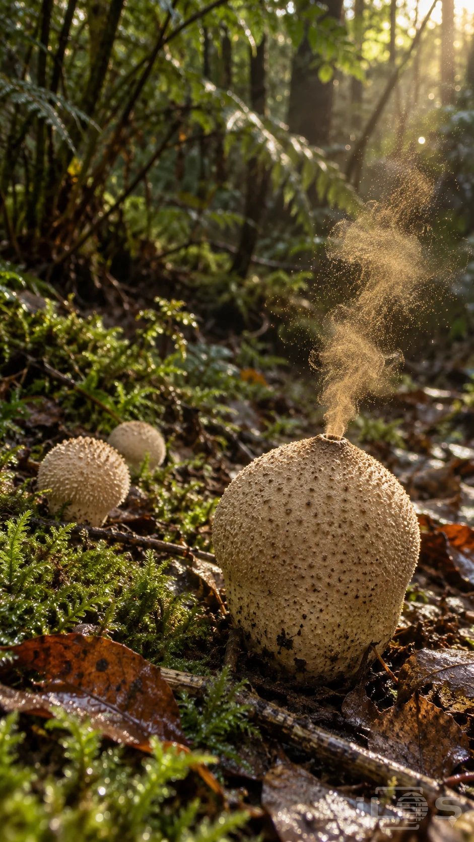 Puffball spores curl from a tan mushroom above wet leaves and moss in warm forest light.