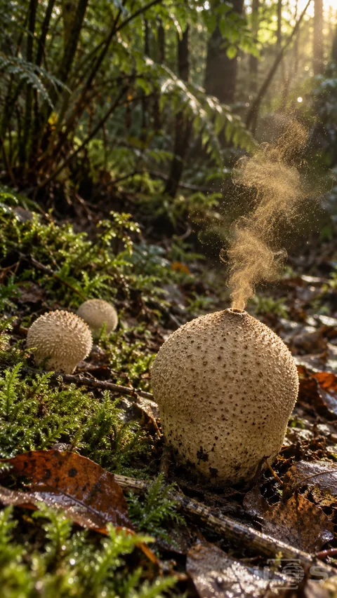 Puffball spores curl from a tan mushroom above wet leaves and moss in warm forest light.