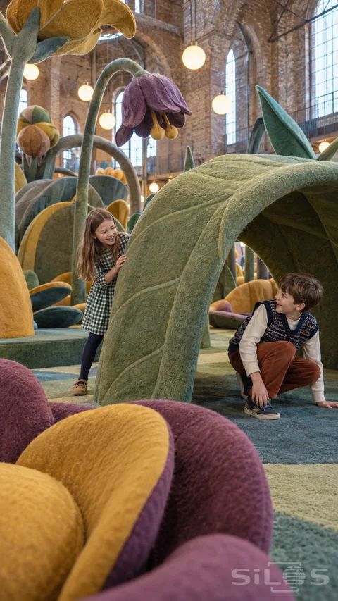 Two children smile across a giant leaf tunnel in a felt flower garden with woolly petals; tall brick walls and glowing globe lamps.