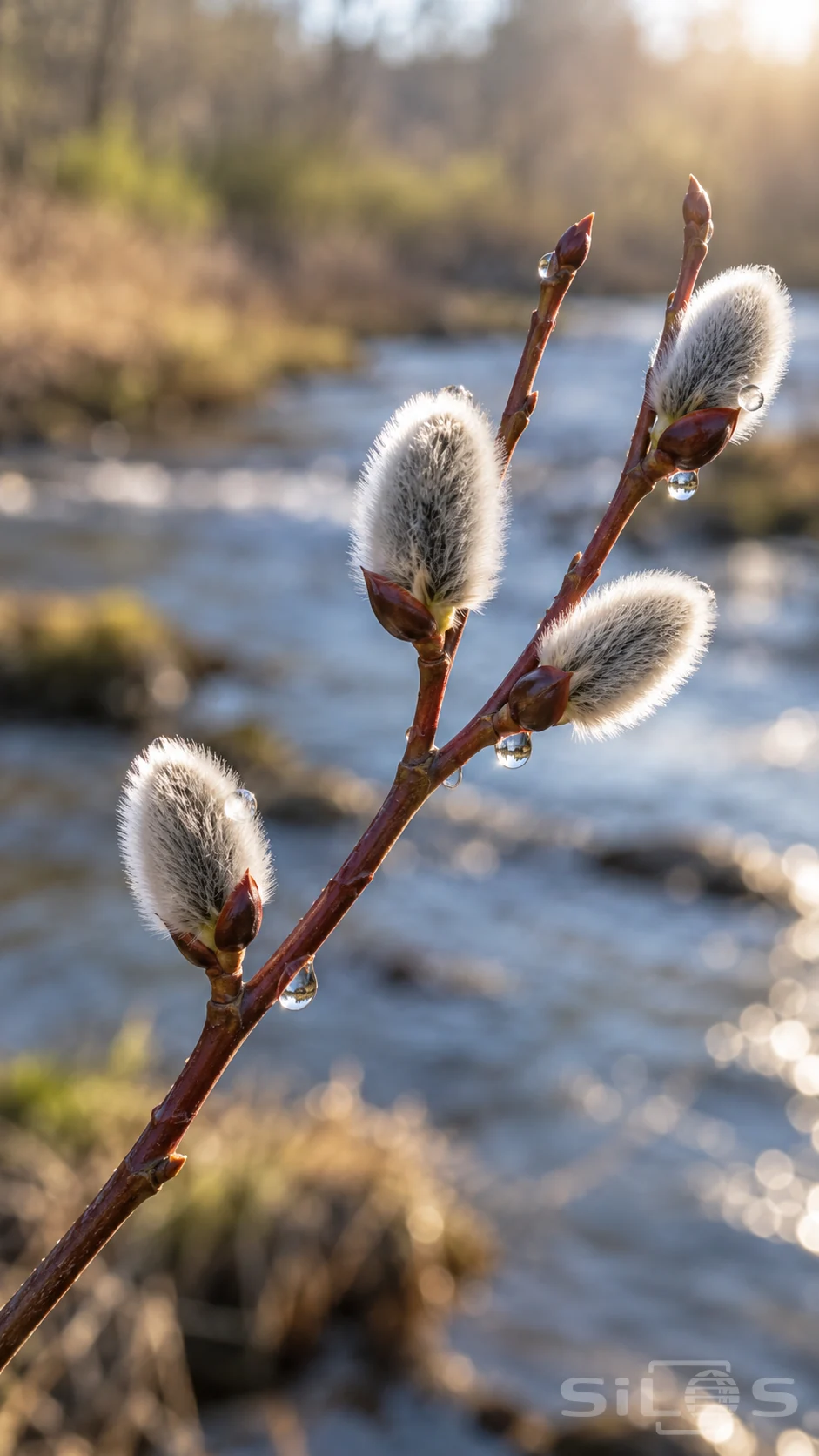 Silver willow buds and small rain droplets cling to a red twig above a softly blurred spring stream.