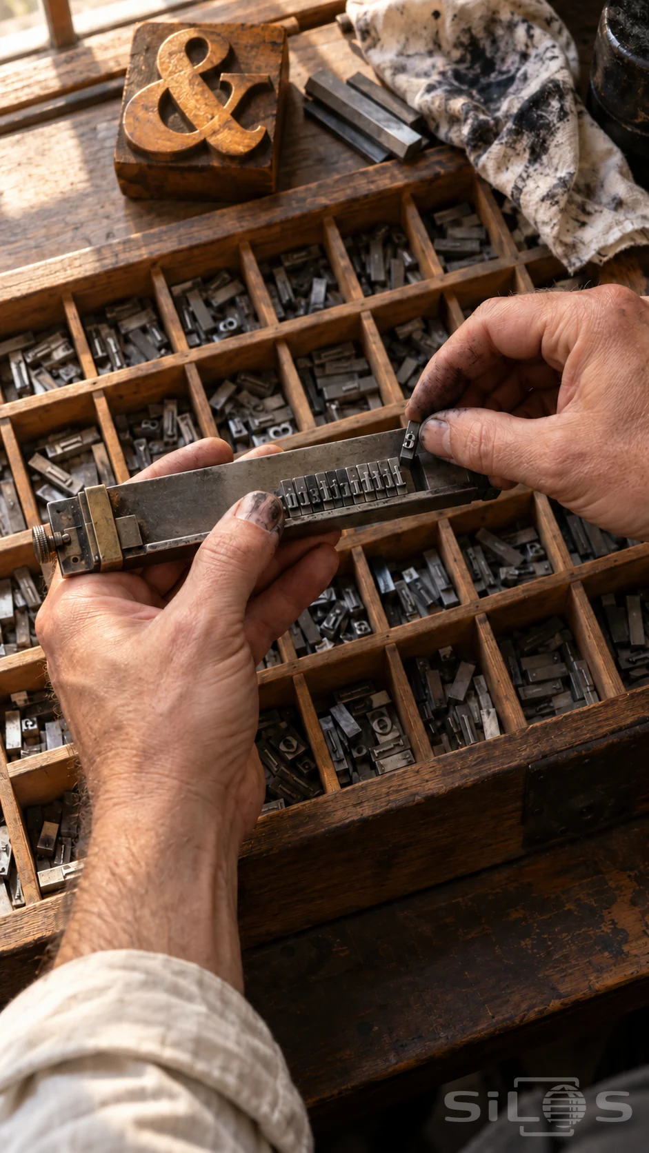 Adult hands place letterpress type in a metal composing stick above a wooden type case beside an ampersand printing block.
