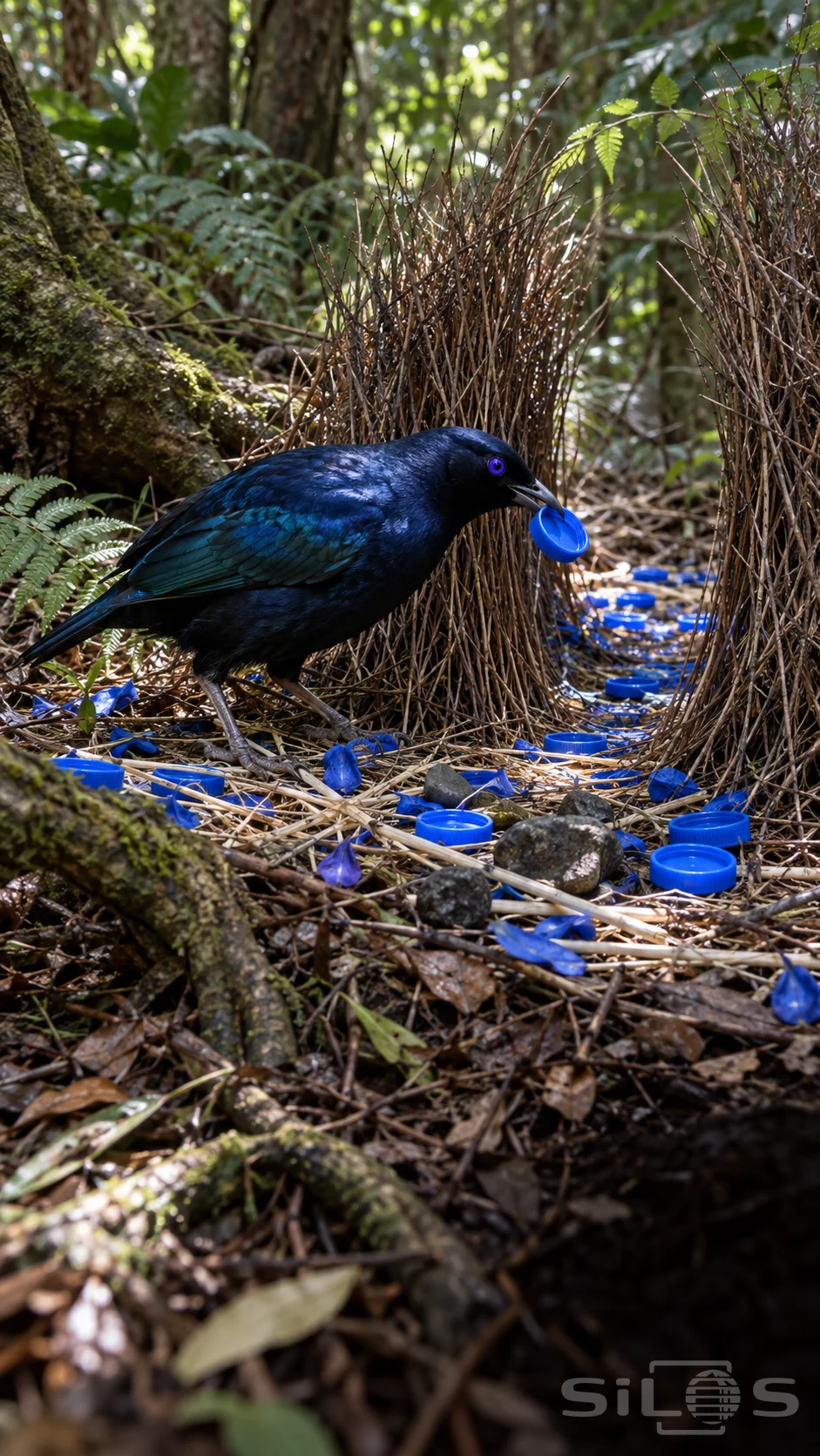 A glossy blue-black bowerbird holds a blue cap beside an arched twig passage and a collection of blue objects.