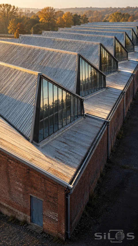 Sawtooth roofs repeat across a brick factory; with sloping gray metal surfaces and steep glass panels catching morning light.
