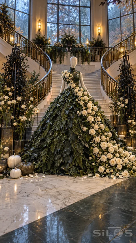 A faceless mannequin wears a huge green leaf gown crossed by ivory roses at the base of a curving marble staircase.