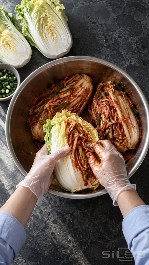 Gloved hands spread red pepper seasoning between napa cabbage leaves during kimchi preparation in a steel bowl.