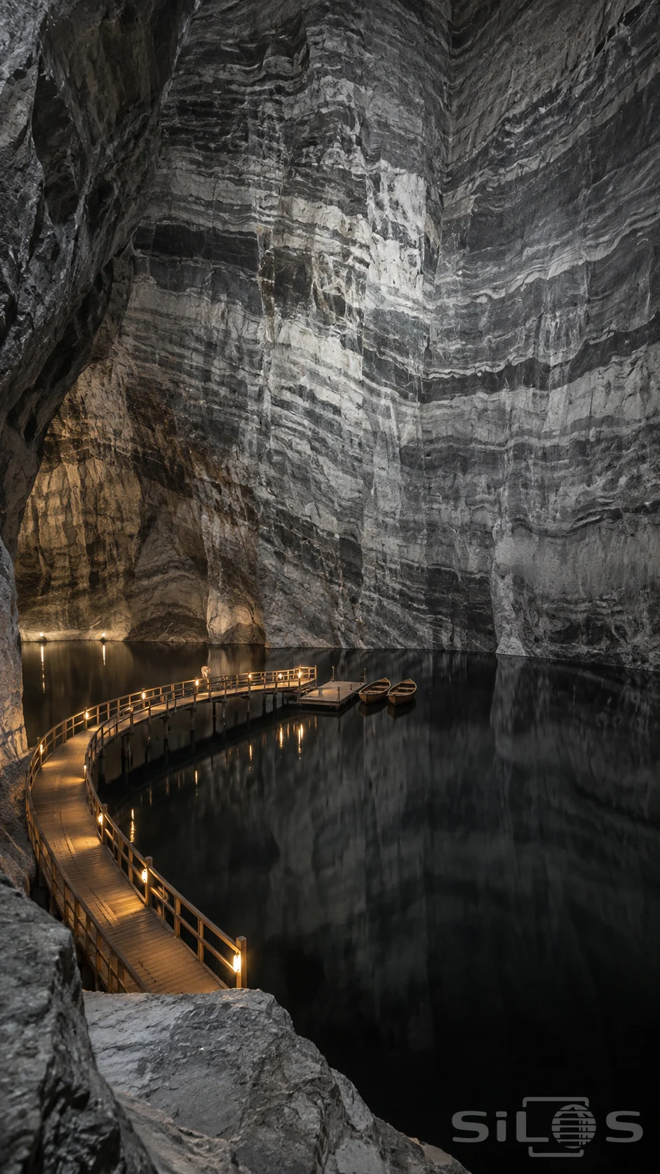 Underground salt lake beneath towering banded cavern walls, with a lamp-lined curved timber walkway ending beside two empty wooden boats.