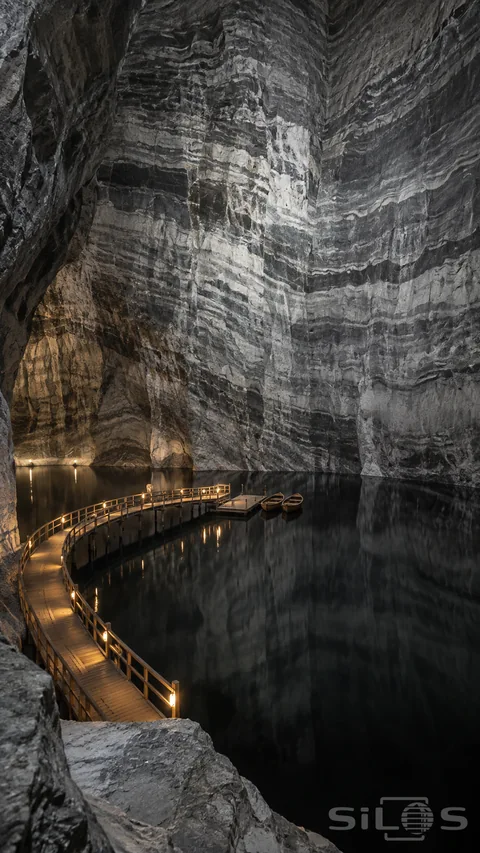 Underground salt lake beneath towering banded cavern walls; with a lamp-lined curved timber walkway ending beside two empty wooden boats.