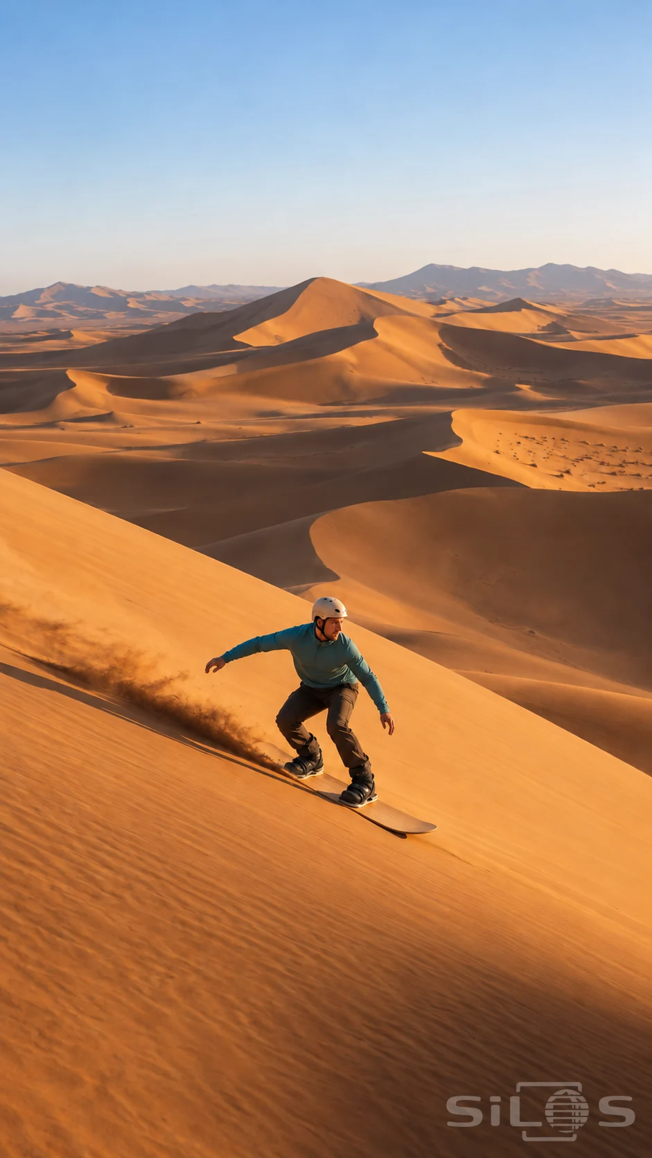 Sandboarding rider in a helmet carves across a copper dune, with both boots in sandboard bindings and desert ridges beyond.