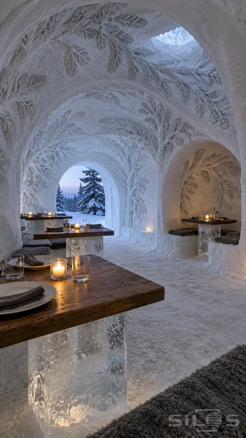 A dining hall carved from snow has branch-covered vaults; wood-topped ice tables; small candles and an alcove overlooking snowy pines.