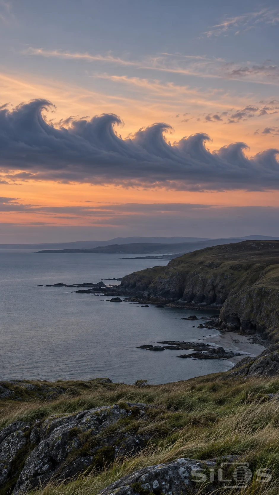 Kelvin Helmholtz clouds form curling crests above a coastal headland in peach twilight with dark rocks and grasses below.