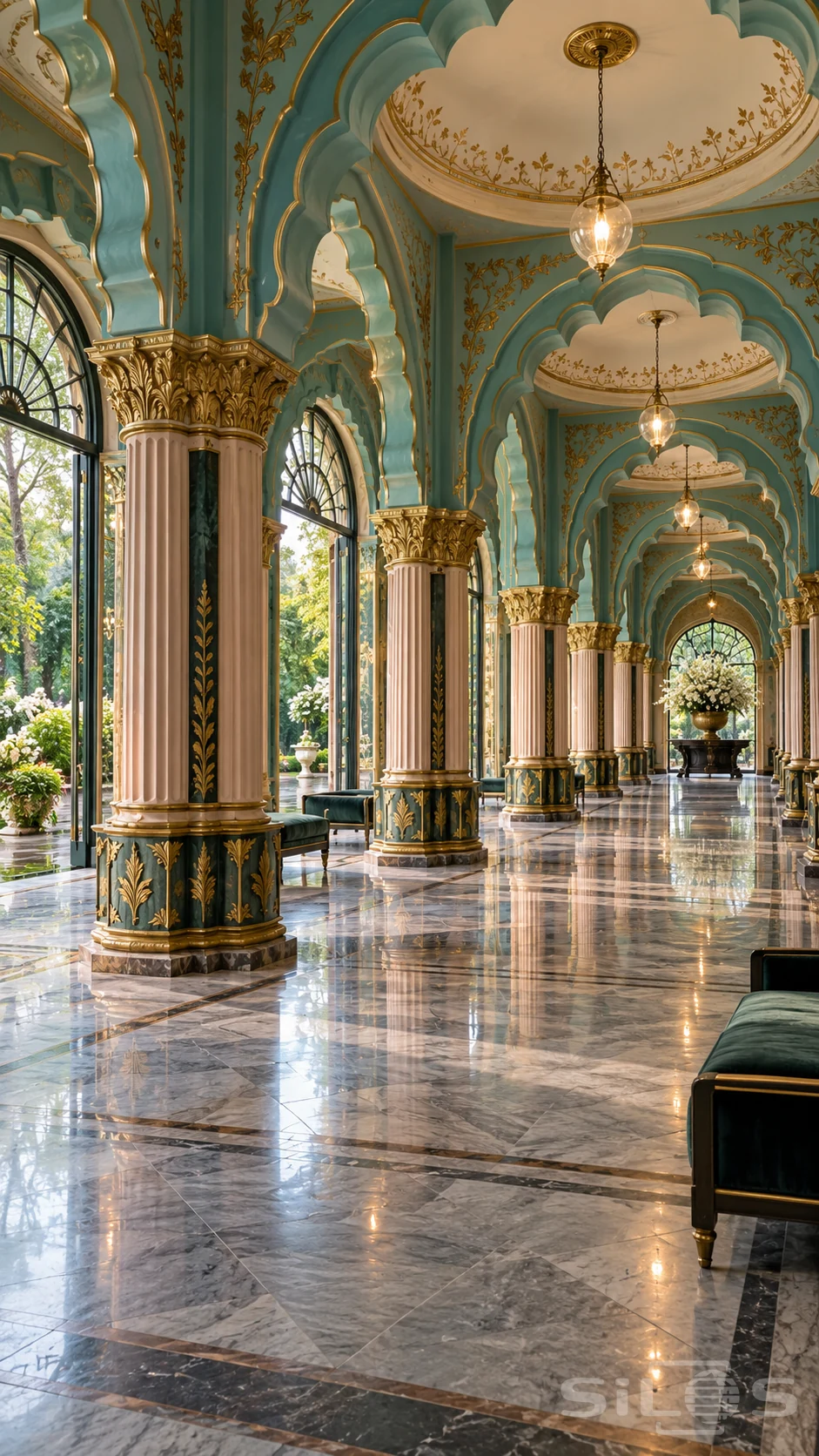 Long turquoise hall with scalloped arches, pink fluted columns, gold leaf details, glass pendants and a reflective marble floor.