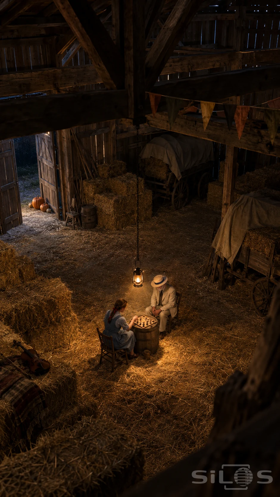 Two small players sit at a barrel-top draughts board in a dark timber barn, surrounded by hay bales, covered wagons and pumpkins.