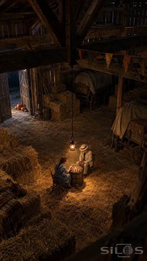 Two small players sit at a barrel-top draughts board in a dark timber barn; surrounded by hay bales; covered wagons and pumpkins.