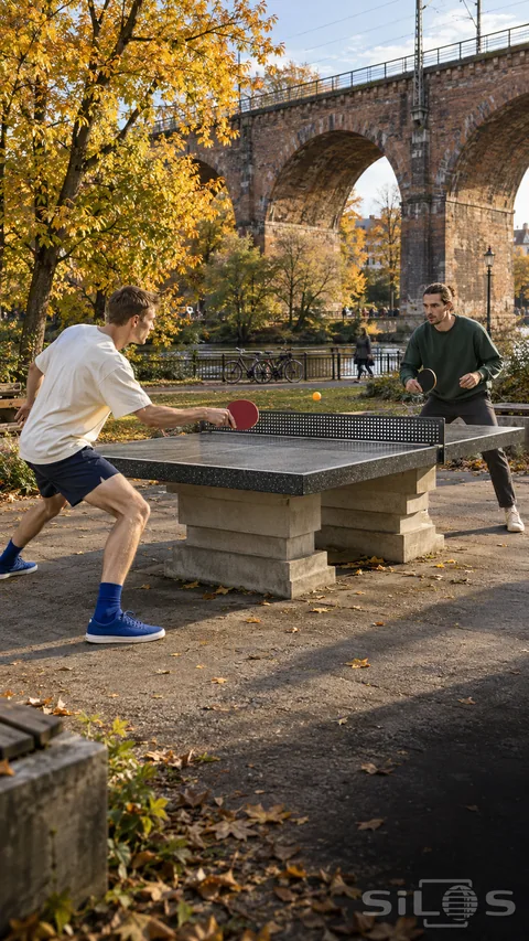 Two men play table tennis at a stepped concrete table with a metal net beneath brick arches and golden trees.