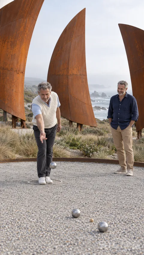 Two men play petanque with steel boules in a gravel copper petal court framed by huge curved rust-colored panels beside the sea.