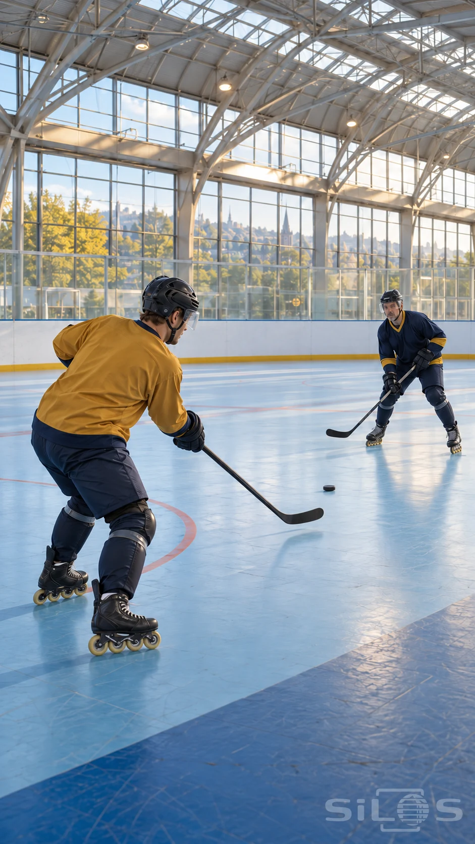 Roller hockey pass between two adult players on inline skates beneath a bright vaulted rink roof.