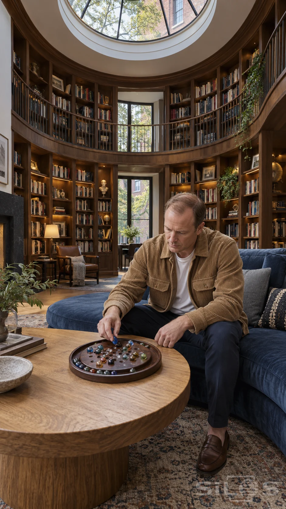 A man in a tan corduroy shirt holds a blue marble above a marble solitaire board inside a circular library.