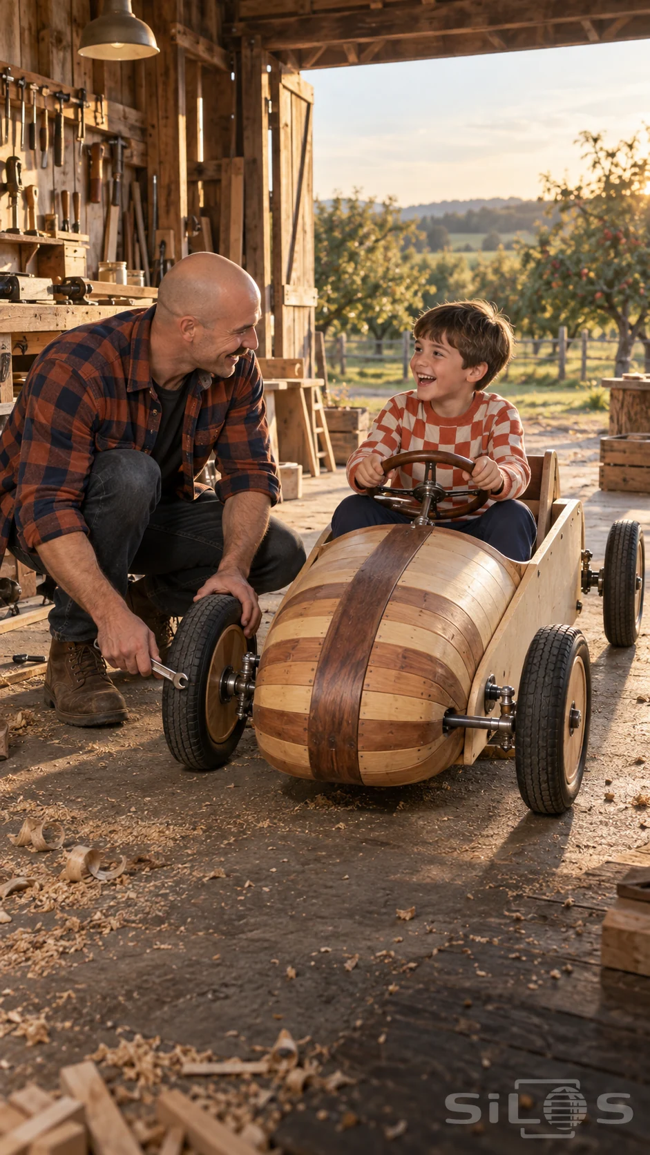 A father and son work on a wooden soapbox car in an open farm workshop, with the boy at the steering wheel.