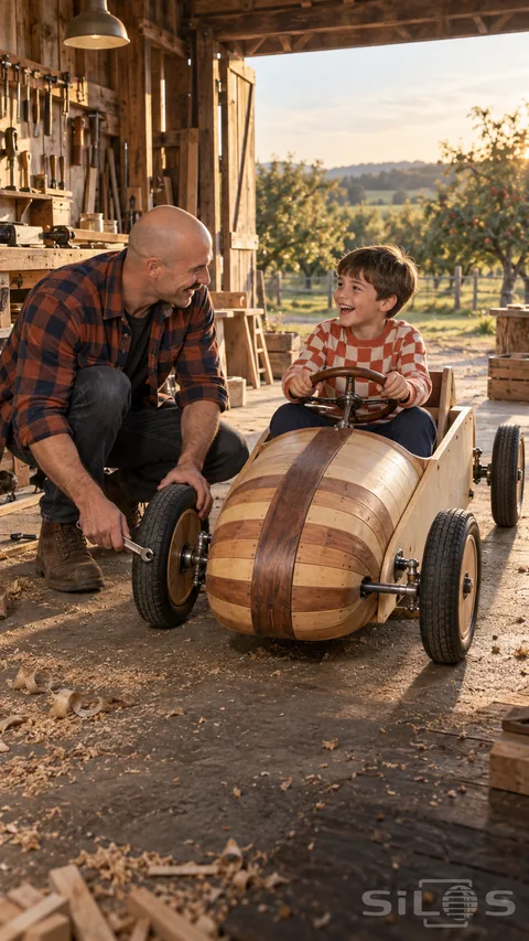 A father and son work on a wooden soapbox car in an open farm workshop; with the boy at the steering wheel.