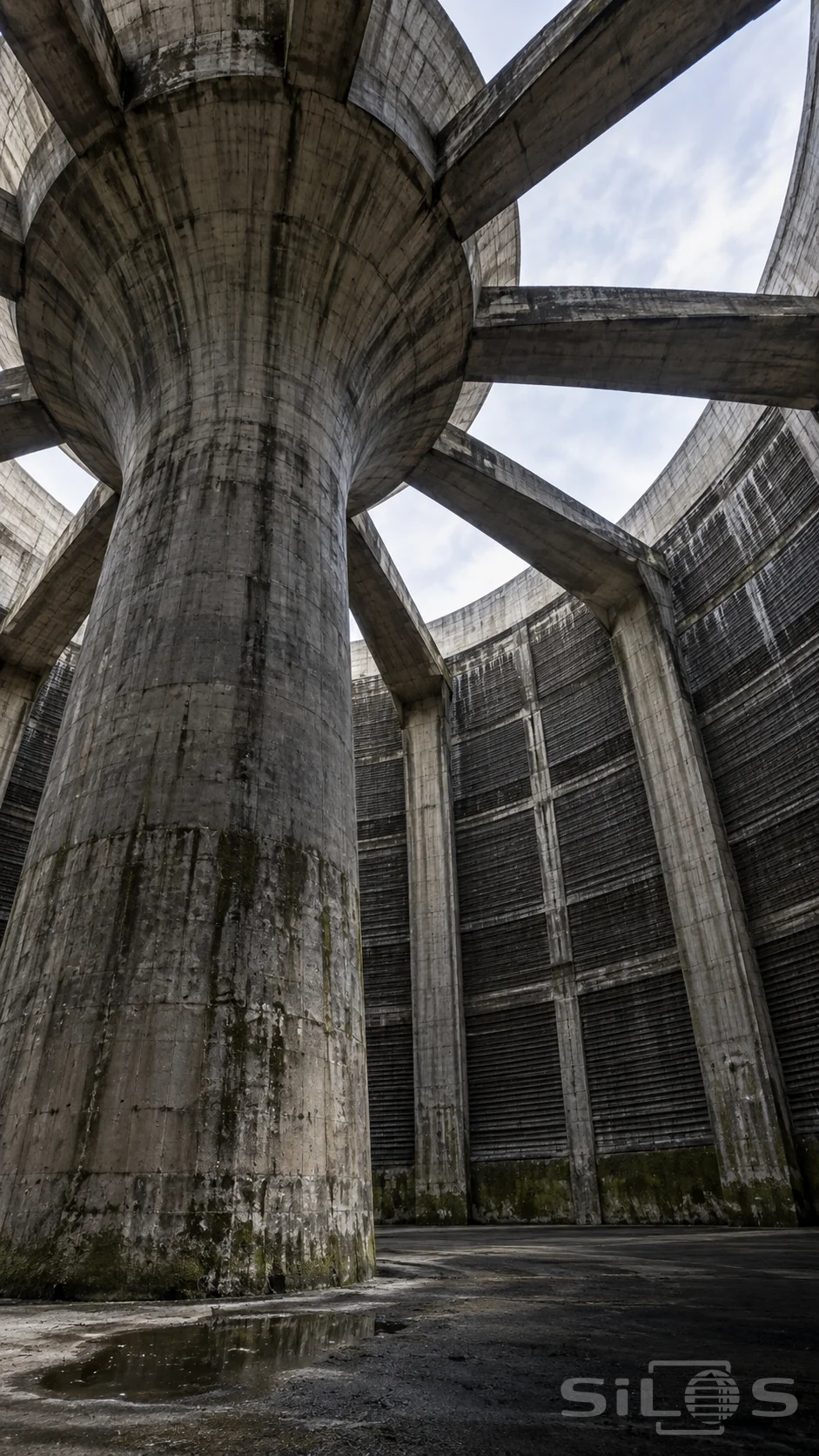 A large flared concrete column supports radial beams inside an empty cooling tower, with ribbed walls and a puddle on the floor.